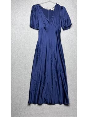 Billie the Label Puff Sleeve Babydoll Midi Dress Navy Silk 4 Wedding Minimalist